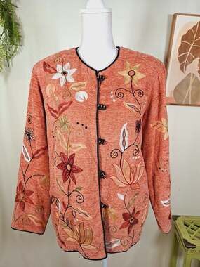 Indigo Moon Women's Pink Embroidered Button-Up Cardigan Sweater Small